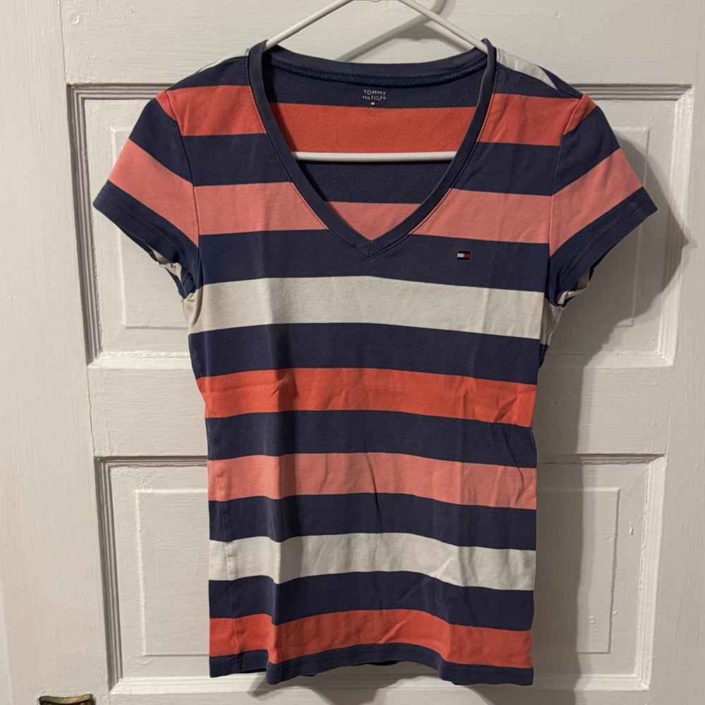 Tommy Hilfiger Women’s V-Neck Striped Tee in Navy, Coral & White
